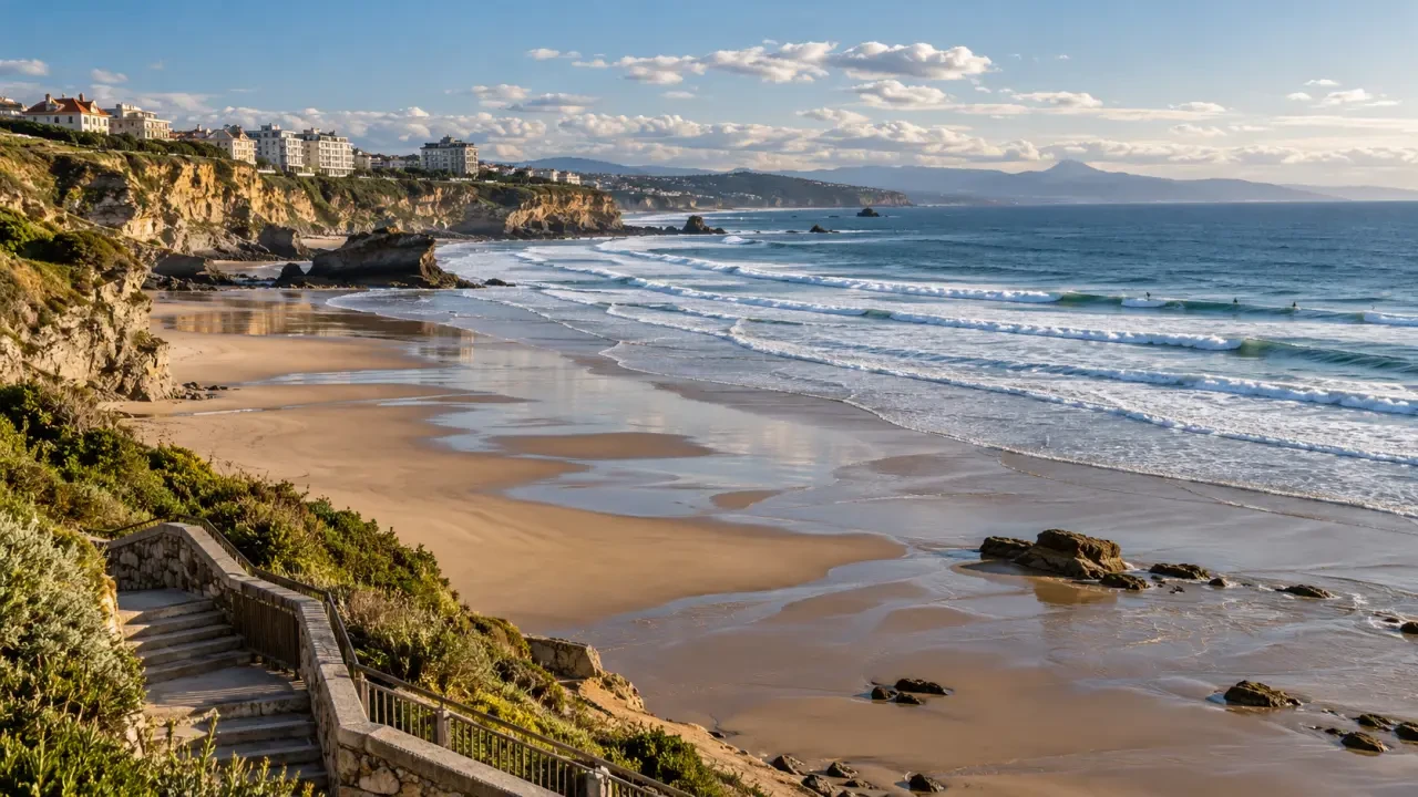 Plage Pays Basque de la Côte des Basques à Biarritz avec ses falaises et ses vagues
