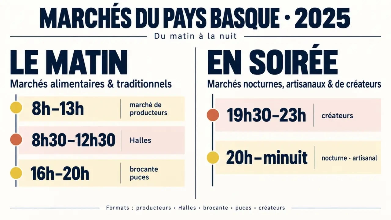 Infographie des marchés du Pays basque en 2025 selon les horaires et les types de marchés