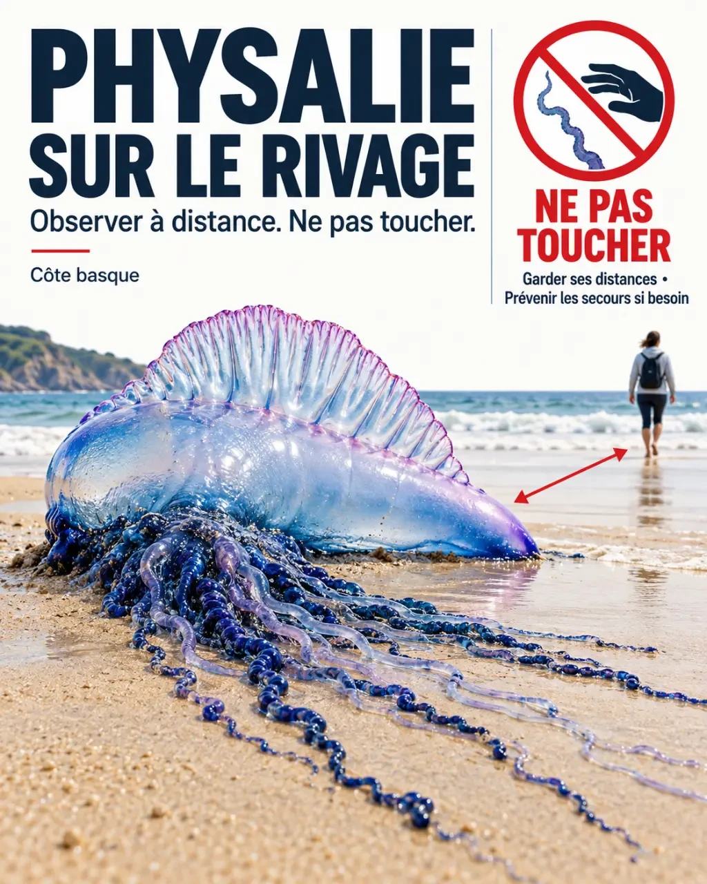Invasion plage Pays basque : physalie échouée et consignes de sécurité au bord de l’eau