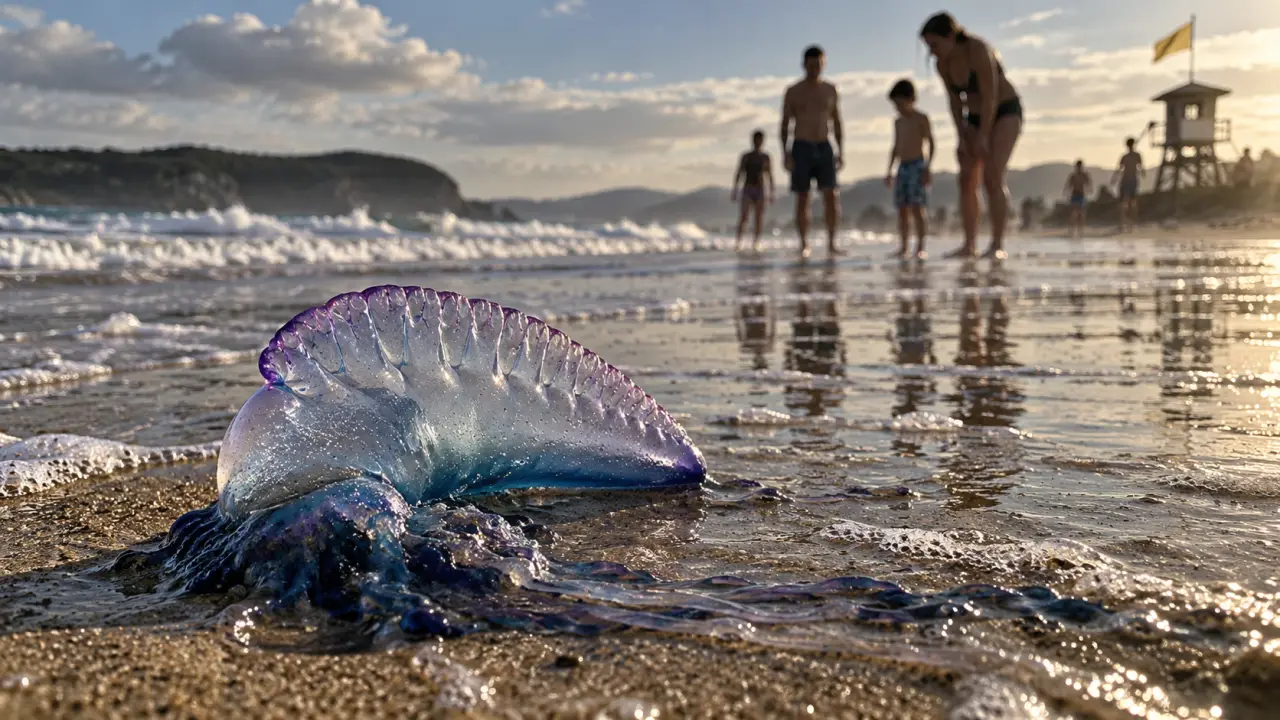 Invasion plage pays basque : physalies échouées près de la laisse de mer, drapeau en poste de secours