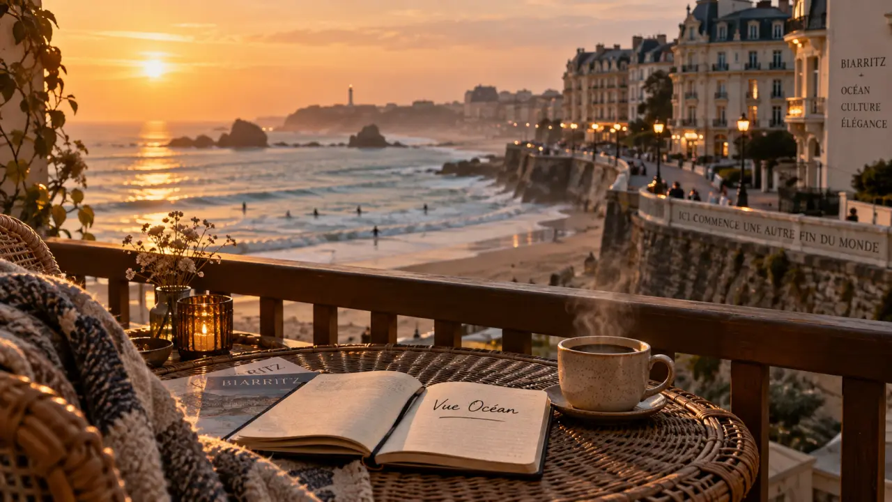 Les plus beaux hôtels du pays basque : balcon avec vue océan à Biarritz, au coucher du soleil