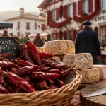 Les plus beaux marchés du pays basque : étal de piments et fromages à Espelette