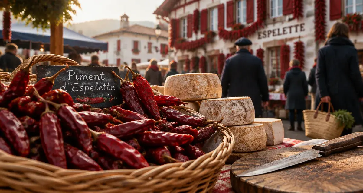 Les plus beaux marchés du pays basque : étal de piments et fromages à Espelette