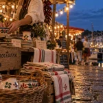 Marchés nocturnes pays basque : étals avec lumières et produits artisanaux