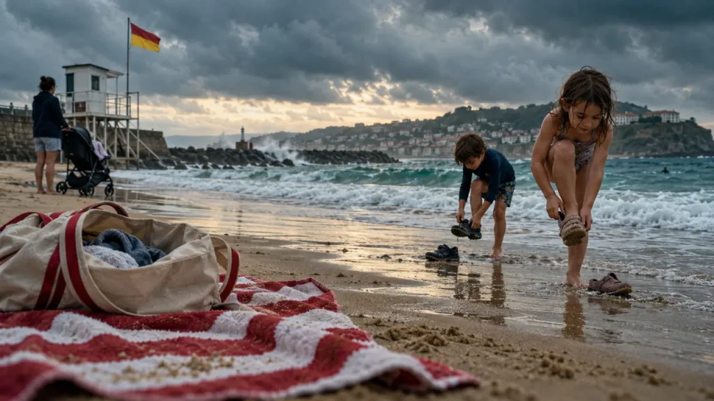 Plage pays basque : enfants au bord de l’eau près d’un poste de secours