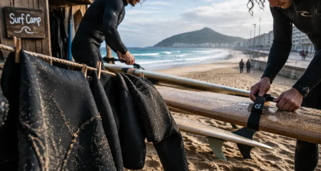 Surf camp pays basque espagnol à Zarautz : planches et combinaisons sur la plage
