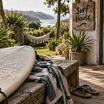 Surf house pays basque : planche de surf et jardin au petit matin
